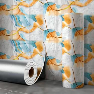 Imagem de ESSMOKO Papel de parede dourado imitação de mármore de cerâmica autoadesivo papel de parede impermeável para cozinha e banheiro adesivos de parede onda dourada fantasia 40 * 300 cm