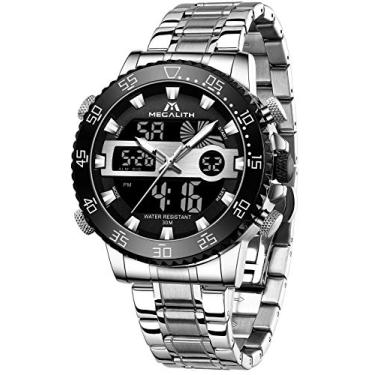 Imagem de MEGALITH Relógio masculino à prova d'água, de aço inoxidável, com LED, analógico, para homens, dia e data, cronômetro, alarme, esportivo, relógio para homens ao ar livre, militar,