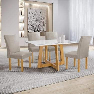 Imagem de Conjunto Mesa Arizona 120cm com 4 Cadeiras Canela Tampo Smart Plus com Vidro Cinamomo/off White/bege Claro