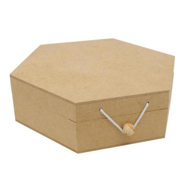 Imagem de Kit 5 Caixa Sextavada Tampa Dobradiça e Elástico 17x17x6 Mdf Madeira -