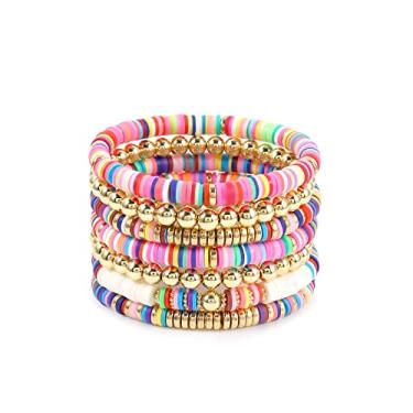 Imagem de Pulseiras de contas Heishi para mulheres de argila polimérica colorida surfista com contas empilháveis pulseira boho verão praia conjunto de joias, Vinil, Sem pedras preciosas