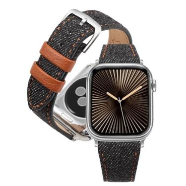 Imagem de HANDODO Pulseira de couro de tecido jeans feminino e masculino para Apple Watch séries 10, 9, 8, 7, 6, 5, 4, 3, 2, 1 SE, SE2, SE2, SE2, 42 mm, 42 mm, 41 mm, 40 mm, 38 mm, preta