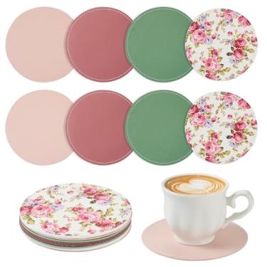 Imagem de Beadthoven Porta-copos de couro PU 8 peças para bebidas Porta-copos vintage rosa rosa cor mista tapetes redondos planos porta-copos de dois lados para mesa de café, proteção de mesa, mesa de madeira,