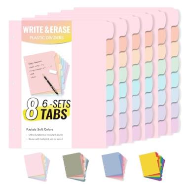Imagem de Sooez Divisórias de plástico durável para escrever e apagar com 8 abas para fichário de 3 anéis, divisórias estéticas fofas de pasta pastel para estudantes, professores, escritório, organizadores de