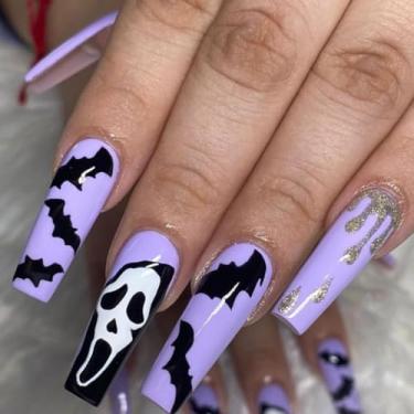 Imagem de 3D Halloween Press on unhas, crânio e morcego, 24 peças, base roxa