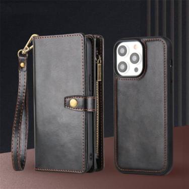 Imagem de Capa carteira multifuncional removível para iPhone 15 Pro Max 14 13 12 11 Xs Max Xr 6 7 8 Plus SE 3 Bolsa de telefone de couro magnético, preta, para iPhone7Plus