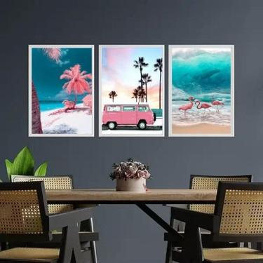 Imagem de Kit 3 Quadros Praia Kombi Rosa 33X24Cm - Com Vidro Branca
