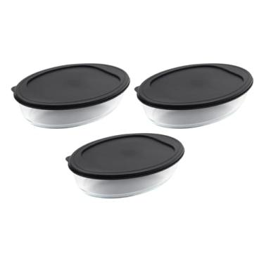 Imagem de Conjunto De Assadeiras De Vidro, 3 Peças, Refratário Oval De 1,6 Litros Para Servir Travessa Funda Com Tampa Plástica Resistente Sobremesa E Assados Escritex