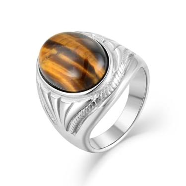 Imagem de Raymard Anel de sinete oval de olho de tigre masculino, pedra natural, anéis de polegar de aço inoxidável para homens, joias de presente para ele, tamanho 7-12, Aço inoxidável, Olho de tigre