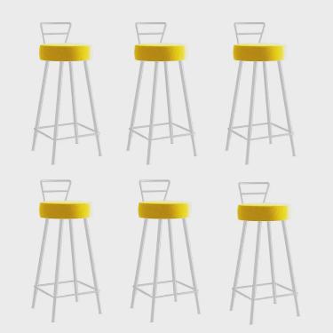 Imagem de Kit 06 Banqueta Alta Com Encosto Tina Eiffel Cozinha Bar Bistrô Ferro Branco Corino Amarelo - Ahazzo Móveis