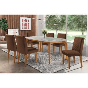 Imagem de Sala De Jantar Completa Londrina C- Tampo Madeirado Vidro Canto Reto 180x90cm E 6 Cadeiras Jade Imbuia - Veludo Marrom - Rufato