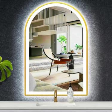 Imagem de ARUMMA Espelho De Vaidade Em Arco Dourado 24 X 36" Com Luzes, 3 Cores, Regulável, Antiembaçante, Moldura Led Para Banheiro, Parede E Mesa, Maquiagem, Espelhos Arqueados Iluminados