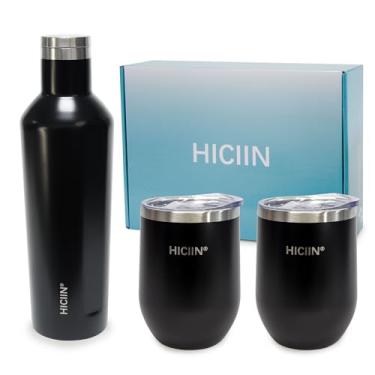 Imagem de Hiciin Copos de vinho de aço inoxidável com tampa DOIS 340 g e garrafa de vinho isolada UM 740 g e conjunto de presente com caixa bem embalada. Mantenha água, vinho, bebidas quentes ou frias (preto)