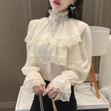 Imagem de Blusa Vitoriana Branca Manga Comprida Gótico Lace Up Espartilho Top Mulheres Escritório Renascimento Vintage Partido Gótico Babados Lolita Camisas, White, XL