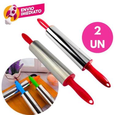 Imagem de Kit Rolo Abrir Massa Inox Cabo Plástico Colorido Macarrão Pastel Pães 
