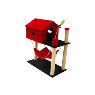 Imagem de Arranhador para Gatos com Casinha e Rede, 84 cm Altura x 61 cm Comprimento, Base Dupla, 4 Postes com Sisal (Vermelha)