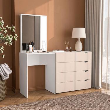 Imagem de Cômoda com Espelho Porto 4 Gavetas Branca e Creme