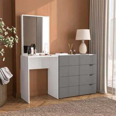 Imagem de Cômoda com Espelho Porto 4 Gavetas Branca e Cinza