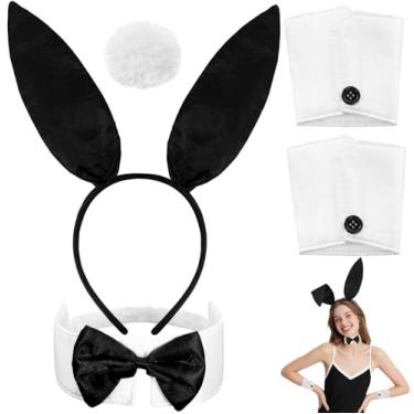 Imagem de Voiiake Tiara de orelhas de coelho, gravata borboleta, punhos e cauda - acessórios de fantasia de coelho para mulheres - orelhas de coelho pretas de Halloween para roupa de festa
