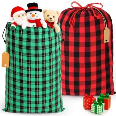 Imagem de Shintop 2 sacos de Papai Noel, 50 x 71 cm, grandes sacos de presente de Natal xadrez, cordão com etiquetas de presente, sacos de embrulho de tecido reutilizáveis para lembrancinhas de festa (vermelho