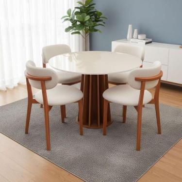 Imagem de Mesa de Jantar 115cm Redonda Tampo c/ Vidro e 4 Cadeiras em Madeira Na