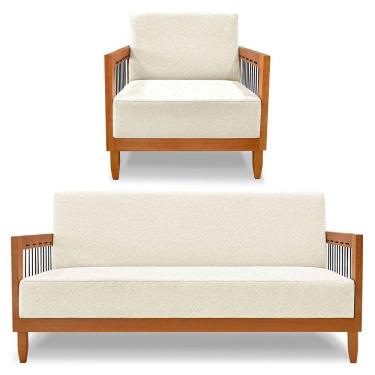 Imagem de Kit Poltrona E Sofá Living 2 Lugares Marilia 1,60m Linho Base Em Madeira Castanho - Pallazio Cor Natural