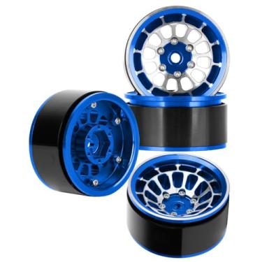 Imagem de BRCatWPark RC 1.55 Beadlock Wheels Rims for 1/10 Tamiya AX90069 D90 TF2 CC01 CC02 RC Crawler Car,4Pcs Aluminum Alloy Rims,Navy Blue