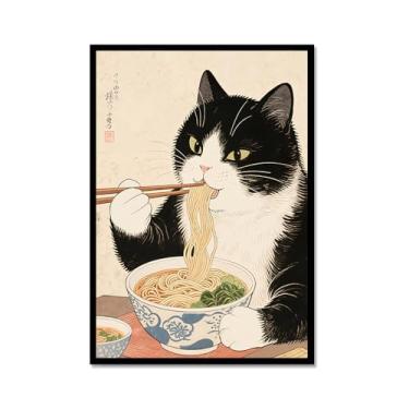 Imagem de Arte de parede em tela de gato preto engraçado vintage japonês gato comendo ramen imagem única amante de gatos para decoração de parede de cozinha e sala de jantar (SKU2,12 x 16 polegadas = (30 x 40