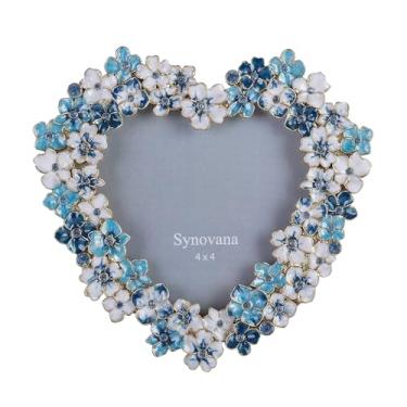 Imagem de Synovana Porta-retrato floral azul – Moldura de flor em forma de coração 10 x 10 cm para aniversário, presente de mesa