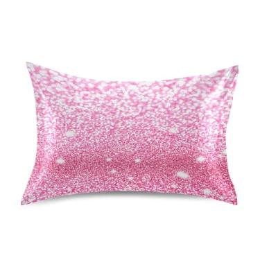 Imagem de Qilmy Fronha de cetim rosa brilhante com estampa de glitter para cabelo e pele, capa de almofada de seda refrescante macia e respirável com fecho de envelope, tamanho padrão 50 x 66 cm