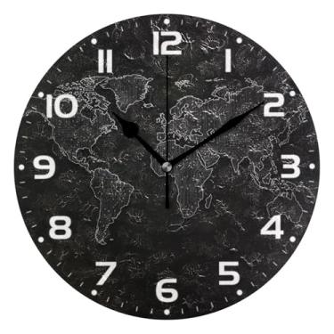 Imagem de JUZIHAI Relógio de parede preto com mapa-múndi silencioso, redondo, sem tique-taque, operado por bateria, fácil de ler, relógio decorativo de parede para casa, cozinha, sala de estar, quarto