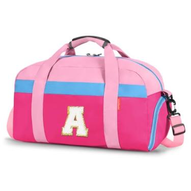 Imagem de WOOMADA Bolsa infantil para meninos ou meninas, bolsa noturna infantil com compartimento para sapatos e bolso molhado, ideal para esportes, viagens, Rosa choque, A