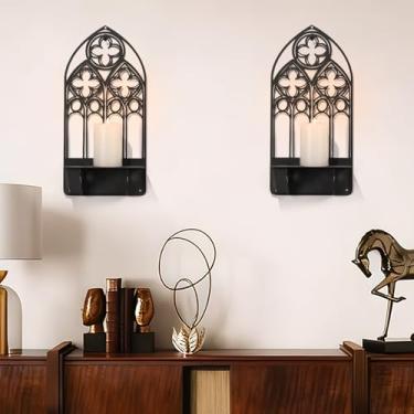 Imagem de Castiçal de metal catedral em arco, castiçal de metal preto, castiçais pretos, decoração de parede em arco para sala de estar, igreja, lareira (preto 2, 14 x 30 cm, 2 peças)