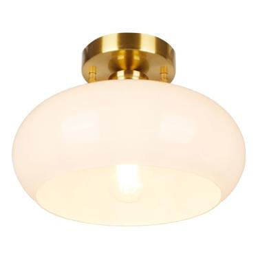 Imagem de Goosebrite Luminária de teto dourada com montagem semi-embutida vintage de meados do século com sombra de vidro de leite, estilo escolar, latão para entrada, cozinha, quarto, hall de entrada, banheiro