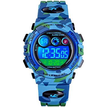 Imagem de FANMIS Relógios esportivos infantis LED digital multifunções 50 m à prova d'água 2 horas cronômetro colorido retroiluminação relógio de pulso, Camuflagem azul X, Relógio esportivo