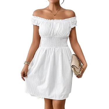 Imagem de Camisa Feminina Off Shoulder Frill Trim Ruched Bust Dress (Color : White, Size : CH)
