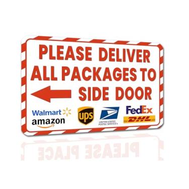 Imagem de Placa de entrega de embalagem para uso externo - Por favor, entregue todos os pacotes na porta lateral com seta esquerda - placas de entrega de alumínio enferrujado para pacotes, caixa de entrega 20 x