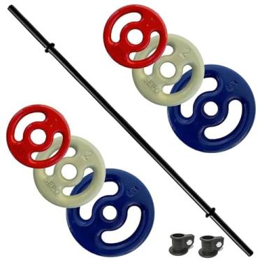 Imagem de Kit De Anilhas Emborrachadas 16 Kg + Barra Polipump 1,30m