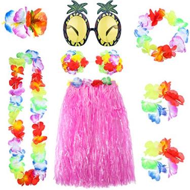 Imagem de Conjunto de 8 peças de saia havaiana hula grama havaiana colar pulseira de biquíni para decoração de festa tropical luau (saia rosa)