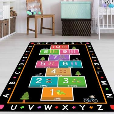 Imagem de YLZLDKH Hopscotch Tapete para crianças, tapete educativo com número do alfabeto ABC, tapete de jogo de contagem infantil para sala de jogos, sala de aula, quarto e berçário (preto, 119 x 180 cm)