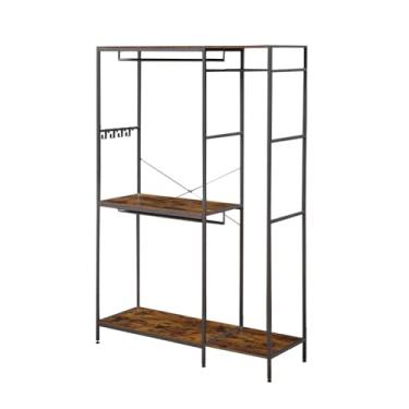 Imagem de SPOFLYINN Organizador de armário independente 117,6 cm L x 39,8 cm P x 184 cm A, organizador de roupas resistente, comporta armário de metal de 158 kg com 4 ganchos, suporte para roupas, marrom
