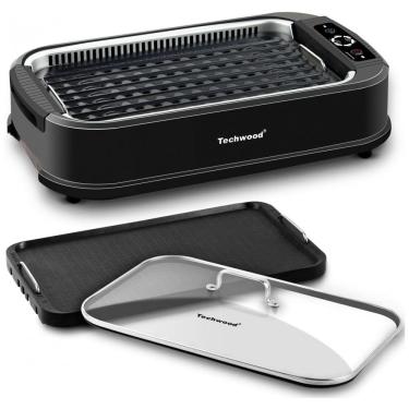 Imagem de Churrasqueira Grill Elétrica com Tampa de Vidro Temperado e Placa Antiaderente, 110V 1500W, Techwood, Vermelha