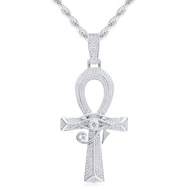 Imagem de PY BLING Pingente de cruz de olho de Hórus Ankh antigo egípcio colar corrente banhada a ouro branco 14K joias de proteção para homens e mulheres com corrente de corda inoxidável, Latão, Zircônia cúbica