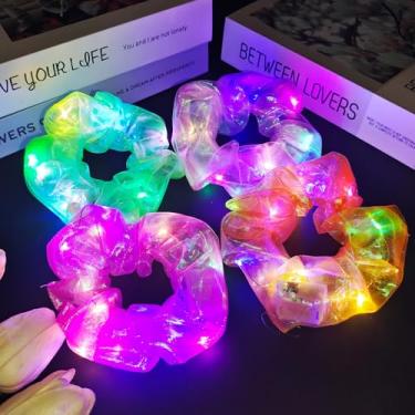Imagem de 4 peças de elásticos de sereia iluminados, cabelo elástico de LED para meninas e mulheres, vários modos de luz, acessórios que brilham no escuro para festa do pijama neon rave (rosa claro, verde,