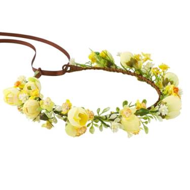 Imagem de KorViSHOW Coroa de flores feita à mão, tiara floral, folha verde, coroa de flores de casamento para noiva, grinalda floral, guirlanda de cabelo, festa de aniversário (estilo amarelo)