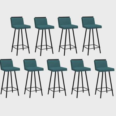 Imagem de Kit 09 Banquetas Com Encosto Menne Eiffel Bistrô Cozinha Aplique Ferro Preto Suede Azul Turquesa - Ahz Móveis