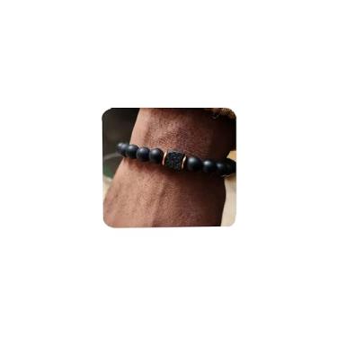 Imagem de B-JWYFY Pulseira masculina elástica ajustável – 8 mm ônix preto e pedra vulcânica pulseiras joias presente para homens, pulseira com pingente de contas com cordão elástico, presentes de aniversário