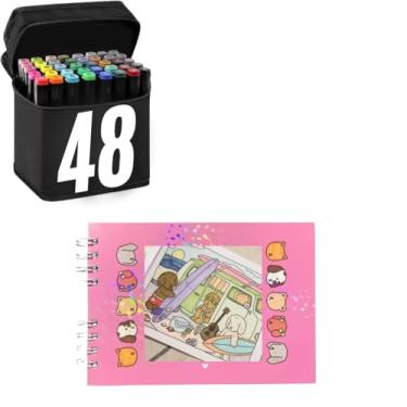 Imagem de Conjunto Kit Livro De Colorir Capa Dura Com 50 Folhas + 48 Canetinhas - Kit Criativo Ursinhos para Colorir e Desenhar Canetas (Rosa)