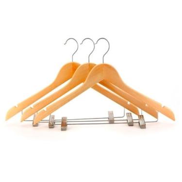 Imagem de Kit 3 Cabide De Madeira Com Presilha Adulto 45cm Marfim Envernizados Com Barra Deslizante - Ideal Para Roupas, Calça, Camisas, Terno, Saia, blazer