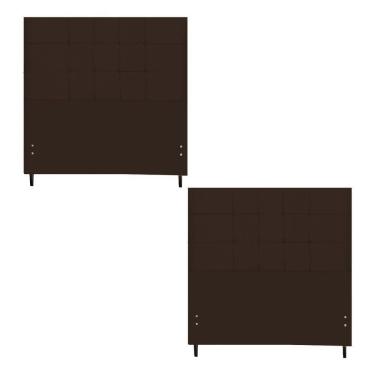 Imagem de Kit Cabeceira Barceloma Estofada Casal 144Cm Marrom Botão Tecido + Cabeceira Barcelona Solteiro 94Cm Marrom